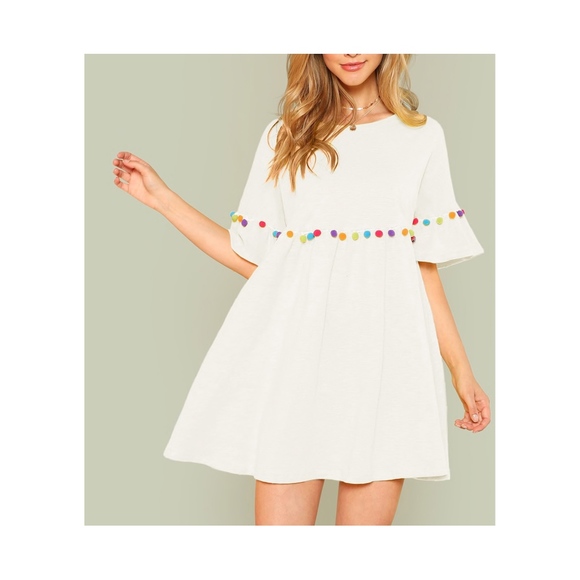 MBM Unlimited Dresses & Skirts - White Pom Pom Short Sleeve Casual Shift Sundress